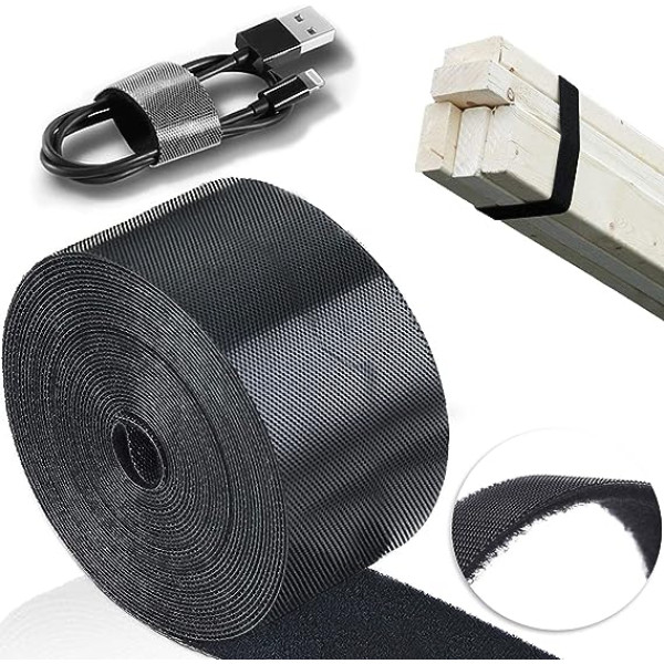 TEUVO Velcro kabeļu saites, 60 mm x 5 m Nelīmējošs Velcro kabeļu iesiešanai, DIY Crafts, aizkaru stiprināšana, atkārtoti lietojama Velcro lente kabeļu pārvaldīšanai, apaļa, mājās un birojā