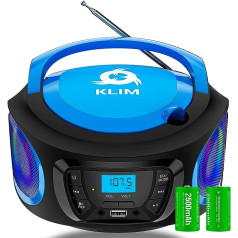 KLIM Boombox radio ar CD atskaņotāju - FM radio, CD atskaņotājs, Bluetooth, MP3, USB, AUX - ietver uzlādējamas baterijas - vadu un bezvadu režīmi - kompakts un izturīgs (zils)