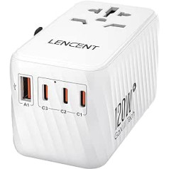 LENCENT International Travel Adapter, 120W GaN3 universālais adapteris ar 3 PD3.0 Type C+1 QC USB A, Vispasaules adapteris mobilajiem tālruņiem, Viss vienā ceļojumu spraudnis ES/ASV/UK/AU ligzdām, balts