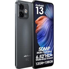 Ulefone Android 13 mobilais tālrunis bez līguma, Note 16 Pro, līdz 12 GB RAM + 128 GB ROM, 50 MP kamera, divu SIM kartu viedtālrunis, 6,52 collu HD+ ekrāns, 4400 mAh akumulators, pirkstu nospiedumu + sejas atbloķēšanas GPS melns