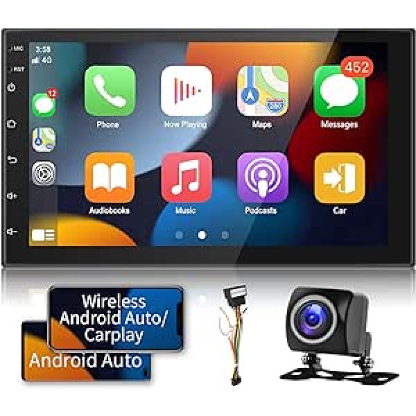 Android 11 dubultā DIN automašīnas radionavigācija ar Apple Carplay bezvadu Android automašīnas 7 collu ekrāna skārienekrānu 2 DIN Bluetooth/GPS navigācija/FM RDS radio automašīnas multivides atskaņotājs, WiFi/USB/atpakaļgaita