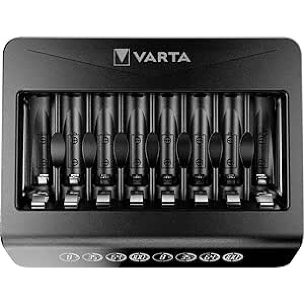 Varta Multi Charger+ lādētājs akumulatoriem AA/AAA/9V, viena nodalījuma uzlāde, bojātu elementu noteikšana, var izmantot visā pasaulē, 8 uzlādes vietas.