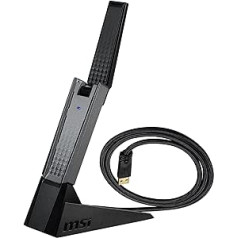 MSI AX1800 WiFi 6 divjoslu USB adapteris — WLAN līdz 1800 Mb/s (5 GHz, 2,4 GHz bezvadu), USB 3.2 Gen 1 Type-A, MU-MIMO, regulējama antena, staru kūļa veidošana, WPA3 — iekļauts vadu kronšteins