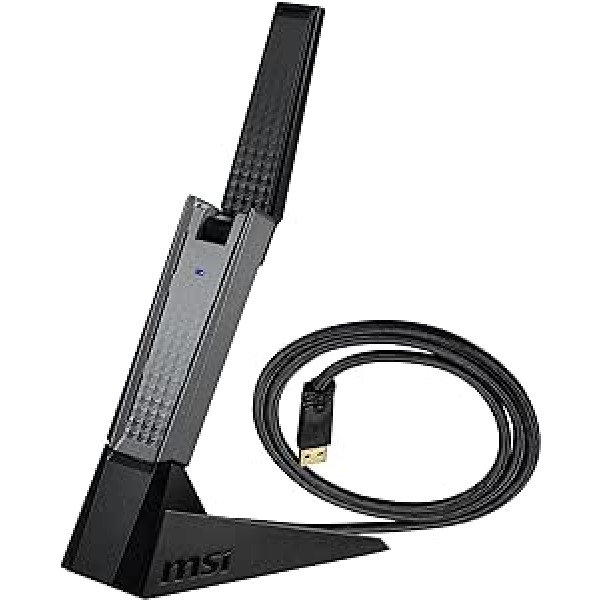 MSI AX1800 WiFi 6 divjoslu USB adapteris — WLAN līdz 1800 Mb/s (5 GHz, 2,4 GHz bezvadu), USB 3.2 Gen 1 Type-A, MU-MIMO, regulējama antena, staru kūļa veidošana, WPA3 — iekļauts vadu kronšteins