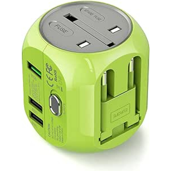 UPPEL Universal Travel Adapter International World Adapter ar 2 USB un QC3.0 uzlādes pieslēgvietu ES ĀS ASV Apvienotajai Karalistei vairāk nekā 200 valstīs planšetdatoriem, viedtālruņiem, MP3 (zaļa krāsa)