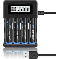 CITYORK AA Rechargeable Li-ion Batteries, 4 Pack 1.5 V AA 3000 mWh Rechargeable Batteries, with 4 Bay LCD Smart Charger, Micro USB Charger, Quick Charge Auto Safety Feature
