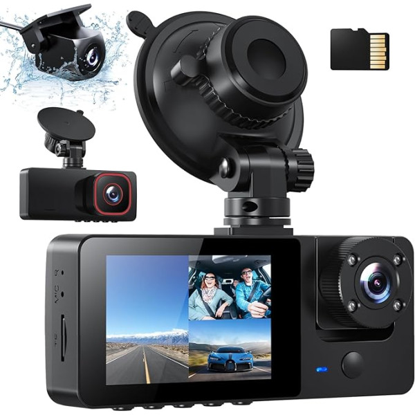 Bestsee 1080P Dash Cam automašīnas priekšā un iekštelpās ar 64 GB SD karti, automašīnas kameru ar stāvvietas uzraudzību, kustības noteikšanu, infrasarkano nakts redzamību, G-sensoru, cilpas ierakstīšanu, WDR, skata leņķi