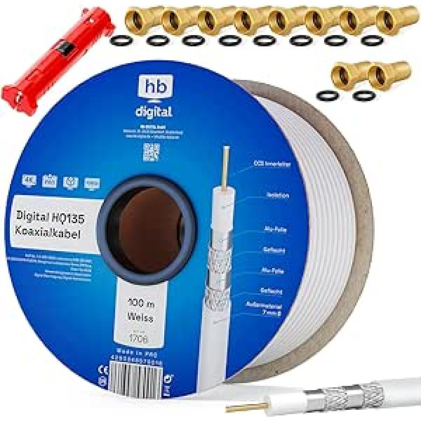 HB-DIGITAL HQ-135 PRO 135 dB Coaxial SAT Cable 4-Way Shielded incl. wire stripper and 4 gold-plated F-connector antenna cable for DVB-S / S2 / S2X DVB-C and DVB-T / T2 BK systems UHD 4K full HD 3D