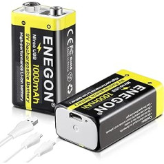 ENEGON 2 x 9 V atkārtoti uzlādējami akumulatori 1000 mAh ar C tipa USB lādēšanas kabeli. 2 vienā litija jonu akumulatori 6F22 9 V liela ietilpība dūmu detektoriem, rotaļlietām, mikrofoniem, rācijām un citam