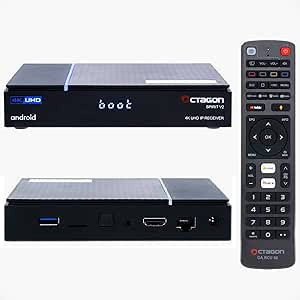 Octagon Spirit PRO 4K UHD Android televizora kaste, divjoslu WiFi WiFi, Bluetooth tālvadības pults, balss vadība, HDR10+, HLG, 2 GB RAM un 32 GB zibspuldze, TV IP OTT uztvērējs, Bluetooth 5.1