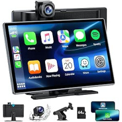 Bezvadu Carplay un Android automašīnas radio priekš Apple Car Play ar 4K Dash Cam priekšējo un aizmugurējo 9 collu skārienekrānu Carplay automašīnas radio, 1080p atpakaļskata kameru/cilpas ierakstīšanu/GPS navigāciju/spoguļa saiti