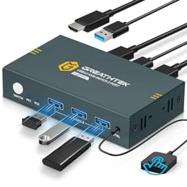 USB 3.0 KVM slēdzis HDMI 2 ports 4K @ 60 Hz, KVM Switch 2 PC 1 monitors HDMI2.0, HDCP2.2, KVM slēdži pogu slēdzis