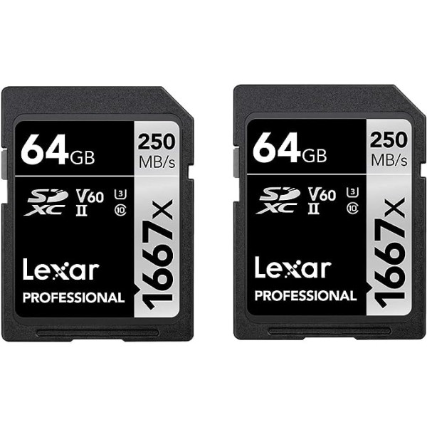 Lexar Professional 1667x SD Card 64GB 2-Pack Memory Card SDXC UHS-II Up to 250MB/s Read for Professional Photographers, Videographers, Enthusiasts (LSD1667064G-B2NAA)