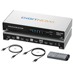 HDMI KVM Switch Dual Monitor Extended Display, 4K @ 60Hz RGB 4:4:4, ar IR tālvadības pulti, USB centrmezglu, audio, karsto taustiņu, pogu slēdzi, datora monitoru, tastatūru, peles pārslēdzēju 2 datoriem, 2 monitoriem