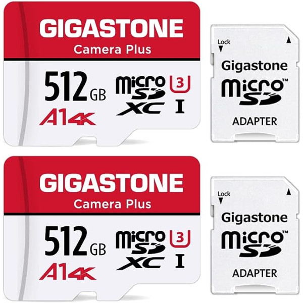 Gigastone Camera Plus 512GB MicroSDXC atmiņas karte 2 pack + SD adapteris darbības kamerai un dronam, lasīšanas ātrums līdz 100 MB/s, 4K video ierakstīšana, A1 U3 klase 10 mikroSD karte UHS-I