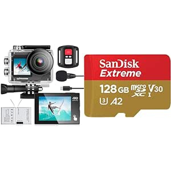 Exprotrek Action Cam 4K 30fps Ultra HD & SanDisk Extreme microSDXC UHS-I Memory Card 128 GB + Adapter (for Smartphones, Action Cameras and Drones, A2, C10, V30, U3, 190 MB/s, RescuePRO Deluxe)