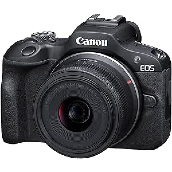 Canon EOS R100 bezspoguļa kamera + RF-S 18–45 mm IS STM objektīvs (kompakta kamera, 4K videokamera, digitālā kamera ar automātisko fokusu un motīvu noteikšanu acīm, dzīvniekiem, transportlīdzekļiem, filtriem un radošumu