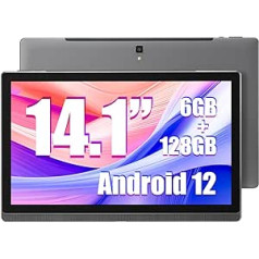 MESWAO planšetdators 14,1 collas Android 12 planšetdators ar 1920 x 1080 IPS HD displeju, 6 GB/128 GB, 2,4 G/5G WiFi, Bluetooth 4.1 un 10 000 mAh akumulatoru — ideāli piemērots produktivitātei, izklaidei un izglītībai (pelēks)