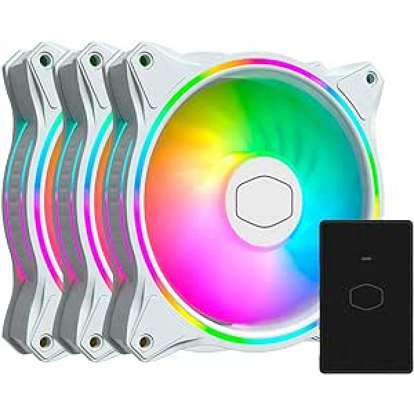 Cooler Master MasterFan 3n1 MF120 Halo White Edition ARGB divu gredzenu adresējams RGB apgaismojums, korpuss un dzesēšana, hibrīda ventilatora lāpstiņas dizains, viedais sensors, vibrāciju slāpēšanas rāmis, ar kontrolieri