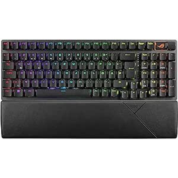 ASUS ROG Strix Scope II 96 bezvadu mehāniskā spēļu tastatūra (ROG NX slēdži, plaukstu balsts, 4 GHz, Bluetooth, vadu, ROG Omni uztvērējs, Aura Sync RGB apgaismojums, DE QWERTZ izkārtojums)