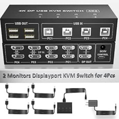 Displayport KVM slēdzis 4 dators 2 monitori, 4K @ 60 Hz 4 portu KVM slēdzis Divu monitoru displeja ports ar 4 USB centrmezglu, divu monitoru displeja porta KVM 4 datori Koplietojiet 1 tastatūras, peles un 2 monitoru komplektu