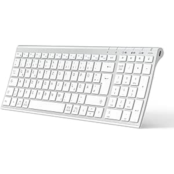 iClever Wireless Keyboard, BK10 Bluetooth Keyboard Mac with 3 Bluetooth Channels, Ultraslim Rechargeable QWERTZ German Keyboard, Wireless Keyboard for iOS, Android, Windows, White