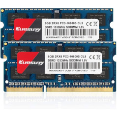 Kuesuny 16 GB komplekts (2 x 8 GB) DDR3 1333 MHz Sodimm RAM PC3-10600 PC3-10600S 1,5 V CL9 204 pin 2RX8 divu rangu ne-ECC nebuferētās atmiņas RAM Ideāli piemērots piezīmjdatora klēpjdatora jauninājumam.