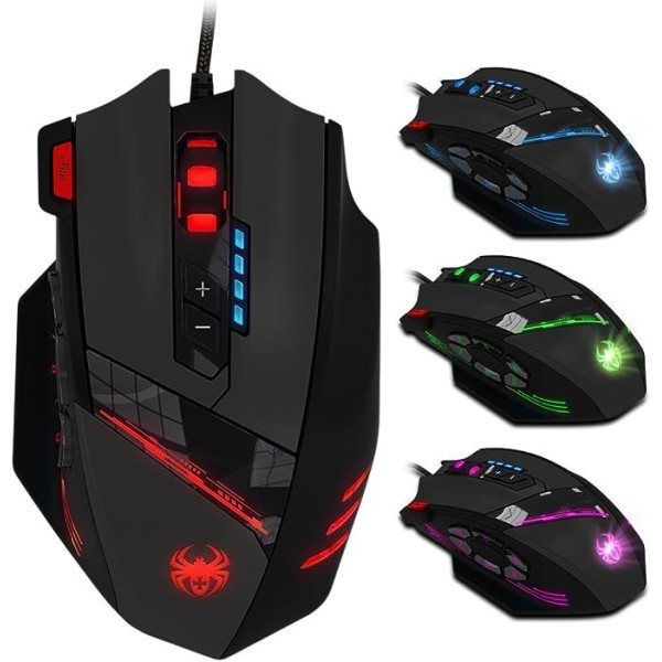 Zelotes spēļu pele, 12 programmējamās pogas, RGB datora pele, 4000 DPI ergonomiskā pele ar kabeli, USB datora pele Pro Gamer, melna