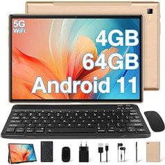 YESTEL 10 collu planšetdators ar ātru 5G Wi-Fi, astoņkodolu Android 11 HD planšetdators ar 4 GB RAM 64 GB ROM (paplašināms līdz 1 TB), 5 MP + 8 MP kamera, Bluetooth, planšetdators ar tastatūru un peli + pildspalva, zelts