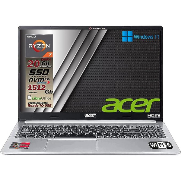 Acer klēpjdatora piezīmjdatora centrālais procesors Ryzen 7 5700U 8 kodolu 20 GB RAM SSDHD 1512 GB 15,6 FullHD displejs alumīnija korpuss ar aizmugurgaismojumu tastatūra 4 USB Wi-Fi 6 HDmi LAN Win11 Pro gatavs lietošanai