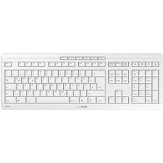 CHERRY STREAM DESKTOP Bezvadu tastatūras un peles komplekts, vācu izkārtojums, QWERTZ, darbojas ar baterijām, Blue Angel, GS apstiprinājums, SX šķēru mehānisms, kluss čuksts taustiņsitiens, balts/pelēks