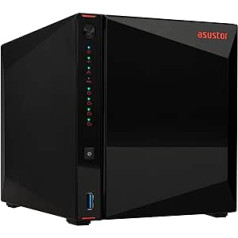 Asustor AS5404T Nimbustor 4 Gen2-4 Bay NAS tīkla krātuves korpuss, četrkodolu 2,0 GHz centrālais procesors, 4xM.2 NVMe SSD sloti, 2x2,5 GbE porti, 4 GB DDR4 RAM, spēļu iedvesmots NAS