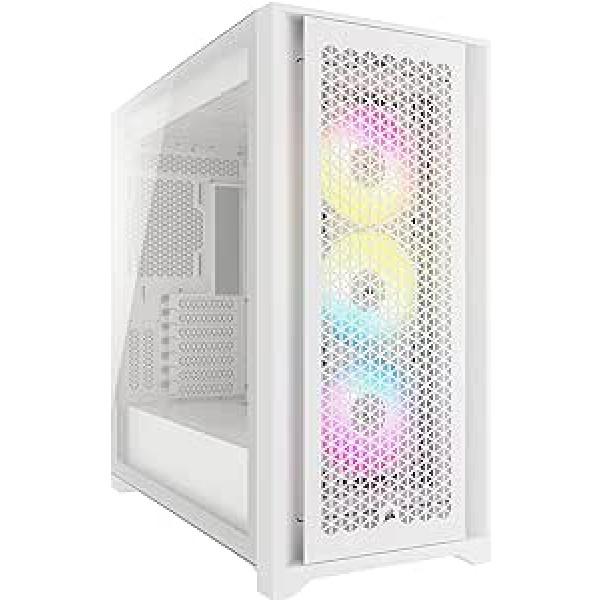 Corsair iCUE 5000D RGB Airflow Mid Tower korpuss, patiesi balts — 3 × AF120 RGB Elite ventilatori, iCUE Lighting Node PRO apgaismojuma vadība — augstas gaisa plūsmas konstrukcija — balts