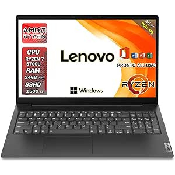 Lenovo piezīmjdators | Klēpjdators Ryzen 7 5700U 8 kodoli, 24 GB RAM DDR4, displejs 15.6 Full HD, SSHD 1500 GB, Wi-Fi, Bt, Windows 11 Pro, Office Pro, klēpjdators gatavs lietošanai