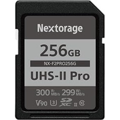 Nextorage Japan Ultra Fast v90 UHS-II SD karte 256 GB maksimālais rakstīšanas ātrums 299 MB/s lasīšanas ātrums 300 MB/s (SDXC UHS2 atmiņas karte NX-F2PRO)