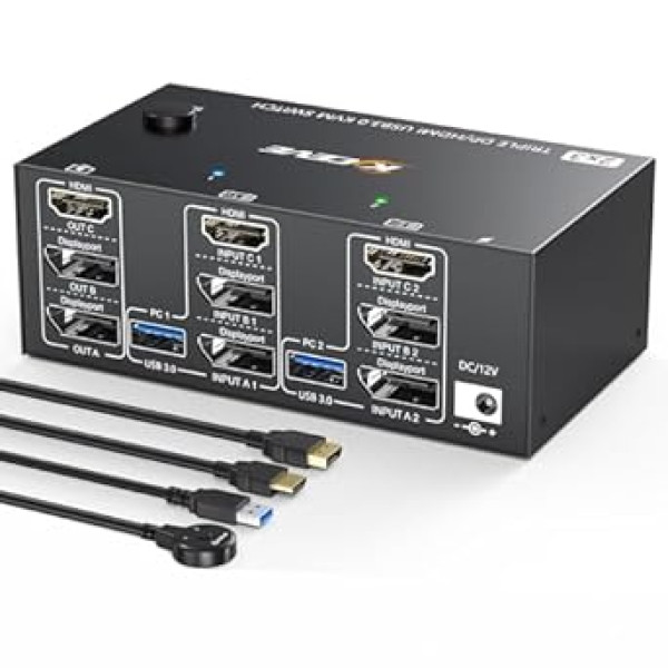 USB 3.0 HDMI + 2 DisplayPort KVM Switch 3 Monitors, 8K@60Hz/4k@144Hz Triple Monitor KVM Switch for 2 Computers, 3 Displays and 4 USB 3.0 Devices.Cable Remote Control Included