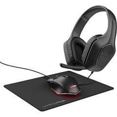 Trust Gaming GXT 790 Tridox spēļu datoru komplekts — vieglas austiņas ar 50 mm draiveri un 3,5 mm ligzdu, programmējamu USB peli 200–6400 DPI, peles paliktni, spēlētāja iestatīšanu datoram/klēpjdatoram — melns