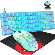 RGB Mini 60% mehāniskā spēļu tastatūra, Apvienotās Karalistes izkārtojums, 62 taustiņi, 18 hroma aizmugurgaismojums, zils slēdzis, vadu kompakta tastatūra +12000DPI 65G viegla spēļu pele PS4/personālajam datoram, zila