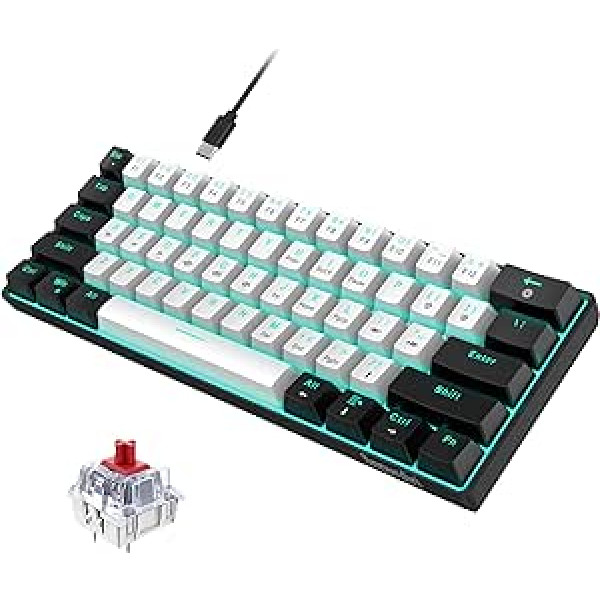 Snpurdiri 60% Wired Mechanical Gaming Keyboard, 61 Anti-Ghosting Keys, Blue LED Backlight, Ultra Compact Two Stands (Red Switch/Black White)