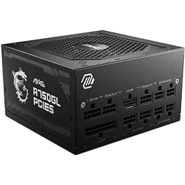 MSI MAG A750GL PCIE5 Power Supply, 750 W, 80 Plus Gold, Fully Modular, ATX 3.0, Supports PCIe 5.0 GPU, 120 mm FDB Fan with Dynamic Ball Bearings, Full-Bridge LLC, Black Flat Cable