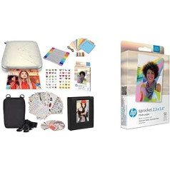 HP Sprocket Select pārnēsājamais tūlītējais fotoprinteris ar 2,3 x 3,4 collu (baltu) komplektu: cinka papīrs, iepakojumā 20, fotoalbums, uzlīmju komplekti un HP Sprocket 5,8 x 8,7 cm augstākās kvalitātes cinka fotopapīrs ar