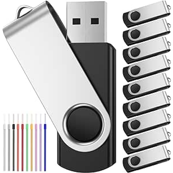 USB Sticks 32 GB Pack of 10 Cheap Memory Sticks - Rotate Black 32 GB USB 2.0 Memory Stick Flash Drive - FEBNISCTE Data Storage Pendrive Metal Colourful Flash Drive with Cable for Graduation Gift