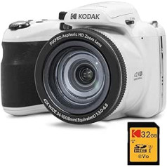 KODAK Pixpro Astro Zoom AZ425 — digitālās kameras tilts, 42x optiskā tālummaiņa, 24 mm platleņķis, 20 MP LCD 3, video Full HD 1080p, litija jonu akumulators — balts