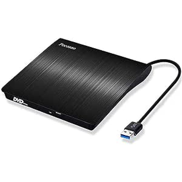 Pecosso ārējais CD/DVD diskdzinis, USB 3.0, pārnēsājams plāns CD/DVD-RW rakstītājs visiem klēpjdatoriem/galddatoriem, melns