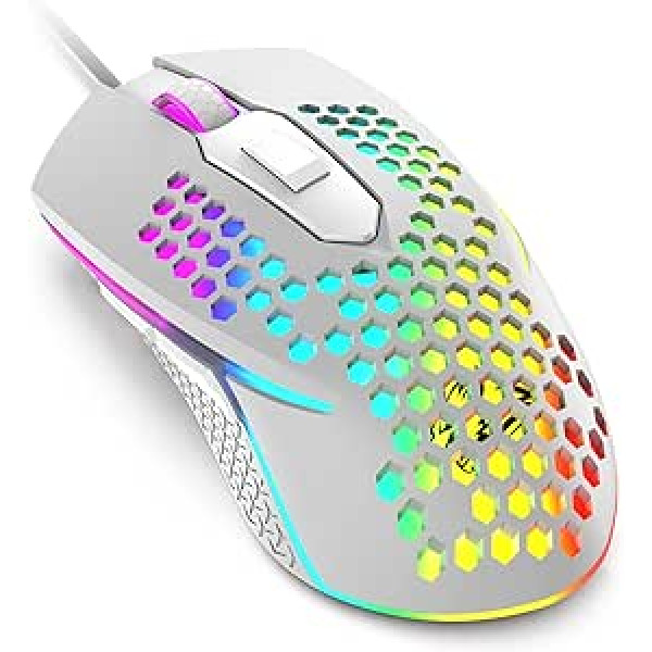 Wired USB Gaming Mouse 65G Honeycomb Shell Mini Ultralight Gaming Mice 3200DPI 6 Buttons 7 Colours Chroma Breathing LED Backlight Gaming Mice Compatible with PC/Mac - White