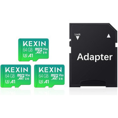 KEXIN Pack of 3 Micro SD Card 64 GB + SD Adapter Micro SDXC Atmiņas karte Micro SD Card C10, U3, A1, V30 SD Cards Atmiņas karte TF karte Switch, Planšetdatoram, Kamerai, Dronam, Mobilajam Telefonam, Mājas Monitoram, Zaļajam