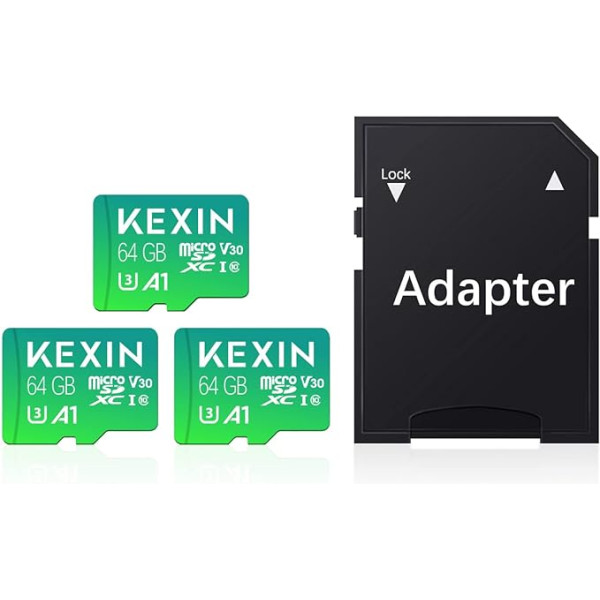 KEXIN Pack of 3 Micro SD Card 64 GB + SD Adapter Micro SDXC Atmiņas karte Micro SD Card C10, U3, A1, V30 SD Cards Atmiņas karte TF karte Switch, Planšetdatoram, Kamerai, Dronam, Mobilajam Telefonam, Mājas Monitoram, Zaļajam