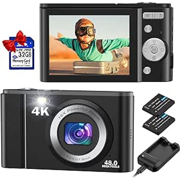 Digitālā kamera, Duluvulu 4K UHD 48MP Mini Fotokamera ar 32 GB skaļruņu kompaktkamera Wiederaufladbare 16X digitālā tālummaiņa, fotoaparāts digitālā kamera für Kinder Teenager Anfänger Erwachsene-Schwarz