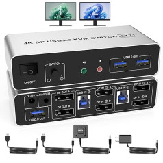 DisplayPort KVM Switch USB 3.0 Dual Monitor 4K@60Hz KVM Switcher 2 PC 2 Monitors, KVM Switches ar 3 USB 3.0 Ports, atbalsta galddatora vadību un peli, tastatūru, U diska printeri