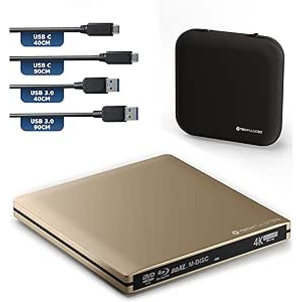 techPulse120 Ārējais USB 3.1 Blu-ray DVD CD USB-C UHD 4k 3D M-DISC BDXL HDR10 100GB Drive Burner Superdrive BD Imperator Package Bag 90 cm Savienojuma kabelis Alumīnijs Zelts